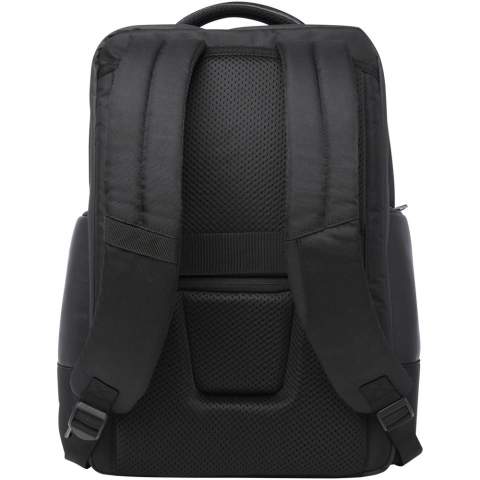 The sleek, large and sturdy GRS certified Expedition Pro laptop backpack is a perfect companion for professionals on-the-go. It is made from water repellent 900D RPET, coupled with premium PU elements and RPET lining. It features a dedicated 15.6" laptop compartment, a tablet sleeve, a spacious main compartment with integrated leak-proof pocket for toiletries, multiple organisational and side pockets, a zipped front pocket and a hidden pocket right beneath the luggage strap on the back. Constructed with padded and adjustable shoulder straps, an integrated card sleeve pocket, a sunglasses loop, moulded air mesh backing as well as a padded handle, ensuring maximum carrying comfort and convenience. Volume capacity: 25 litres. PVC free.