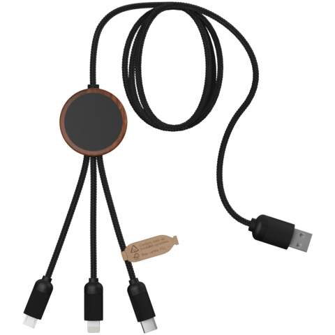 3-in-1 recycled PET light-up logo extended charging cable with round bamboo casing. The light-up logo is visible on both sides. Features 3 connectors (type C, micro USB, iPhone) and a dual USB connector for universal use. Delivered in a TPU pouch with a kraft paper card. Cable length: 1 metre. Includes 3 year warranty.