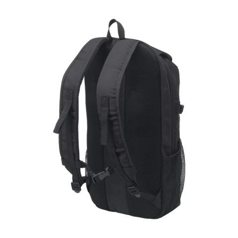 Backpack made from sturdy RPET polyester. A slim design with a generous compartment with space to safely carry a laptop up to 15.6 inches. With extra zip pocket on the front and a mesh pocket on both sides. The adjustable shoulder straps and back panel are lined with mesh fabric and fitted with foam for extra carrying comfort. The adjustable shoulder straps have extra loops and a strap to keep them in place while carrying. With sturdy zips, fully lined and neatly finished. A compact backpack with a surprising amount of space. GRS-certified. Total recycled material: 92%. Capacity approx. 12 litres.