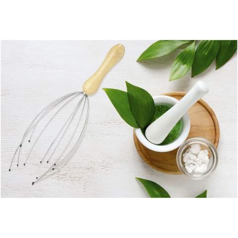 The Hator head massager features 12 dynamic and flexible wire fingers, each capped with rubber tips that smoothly glide through your hair, producing a gentle tingling sensation to brighten your mood. The massager handle is made of bamboo that is sourced and produced following sustainable standards.