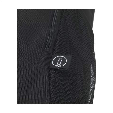 Backpack made from sturdy RPET polyester. A slim design with a generous compartment with space to safely carry a laptop up to 15.6 inches. With extra zip pocket on the front and a mesh pocket on both sides. The adjustable shoulder straps and back panel are lined with mesh fabric and fitted with foam for extra carrying comfort. The adjustable shoulder straps have extra loops and a strap to keep them in place while carrying. With sturdy zips, fully lined and neatly finished. A compact backpack with a surprising amount of space. GRS-certified. Total recycled material: 92%. Capacity approx. 12 litres.