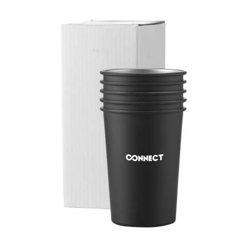 Indestructible, reusable stainless steel drinking cup. Single-walled. Not dishwasher-safe. Capacity 350 ml. Packed per 5 pieces in a box. The price stated is per cup.