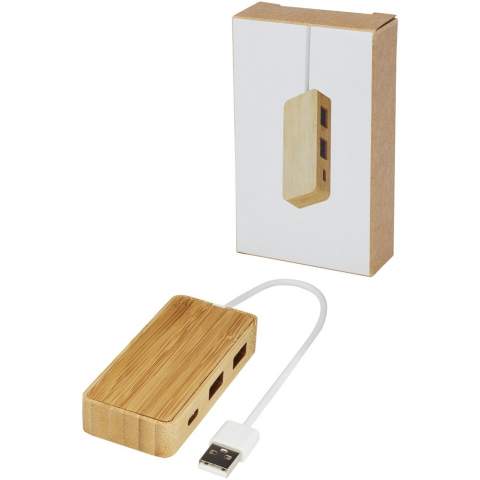 USB 2.0 hub made of bamboo with 2 USB-A ports and 1 Type-C port. Compatible operating systems: Windows Vista, Windows XP, Windows Me, Win2000, Windows 7, Windows 8, Windows10, Mac OS X v10.8. Delivered in a gift box with an instruction manual (both made of sustainable material).
