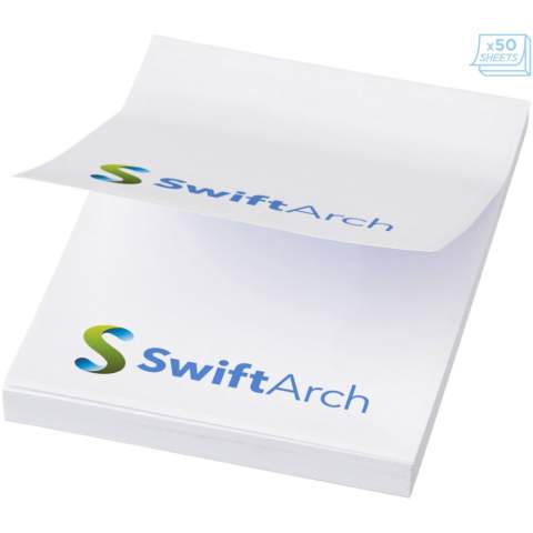 Mémo-autocollants Sticky-Mate® comprenant des feuilles auto-collantes de papier vierge de 80 g/m² en différentes couleurs. Marquage en couleurs pleines possible sur chaque feuille. Trois tailles possibles (25/50/100 feuilles).