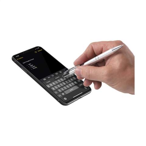 Blauschreibender Kugelschreiber mit Aluminiumgehäuse, gummierte Spitze zum Bedienen von Touchscreens (wie iPhone/iPad), mattfarbenes Metallgehäuse und Metallclip/-druckknopf.