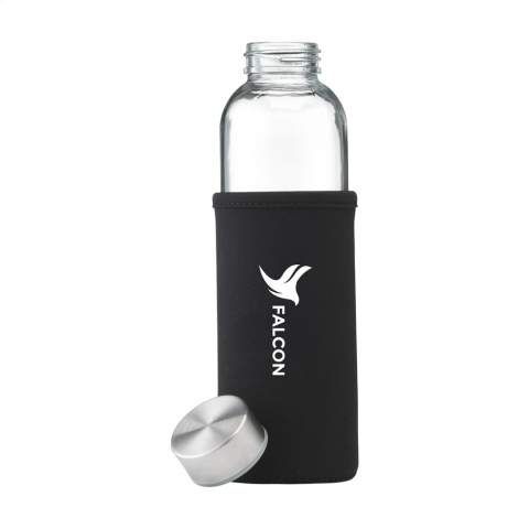 Slim, eco-friendly and leak-proof water bottle made of durable soda-lime glass with stainless steel screw cap. With neoprene sleeve to carry the bottle comfortably. The glass bottle is dishwasher safe with the exception of the screw cap. Capacity 500 ml. Each item is individually boxed.