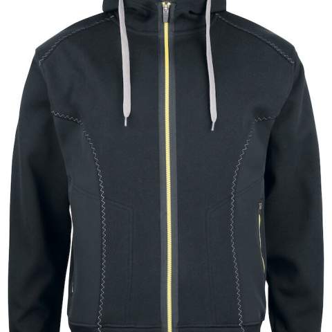 • sweatvest met lange ritssluiting <br />• met softshell verstevigde zijden<br />• twee zijzakken met ritssluiting<br />• capuchon met grijze trekkoorden <br />• contrasterende ritssluitingen vooraan en aan de zijzakken<br />• ribboord aan de manchetten en de boord onderaan