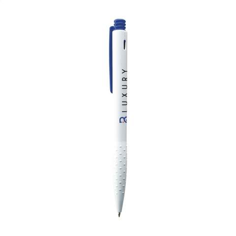 Blue or black ink ballpoint pen with textured grip, coloured clip and push button.