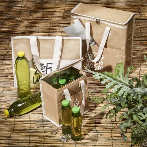 WoW! Solid shopping/cool bag made from a combination of sturdy jute and cotton material with insulated inner. This bag has a zip closure and front pocket offering extra storage space. With woven cotton handles this bag is Suitable as a shopping bag, cool bag or beach bag. OEKO-TEX® certified. Capacity approx. 8 litres.