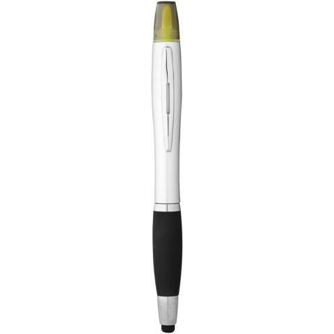 Twist action mechanism stylus ballpoint pen with highlighter and soft touch grip.