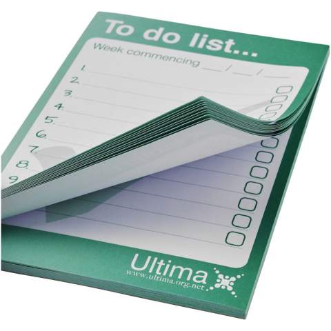Weißer Desk-Mate® A6 Notizblock mit 80g/m2 Papier. Vollfarbdruck auf jedem Blatt möglich. Erhältlich in 3 Größen: 25, 50, 100 Blatt.