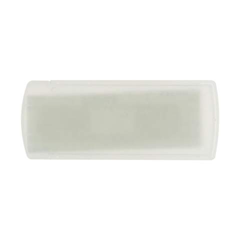 Transparent plaster box with a handy sliding lid. Includes five plasters. Available for digital print or pad print in one colour.