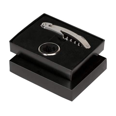 2-piece wine gift set: matte steel waiters friend and drip catcher. Items supplied as a set with, each set individually boxed.