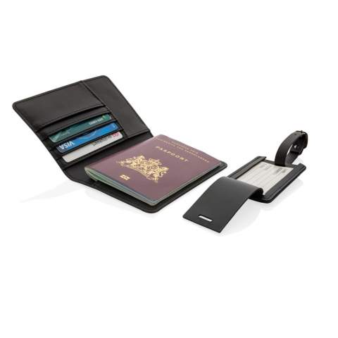 Keep your passport safe and yet easily accessible with this stylish Swiss Peak recycled PU passport holder. To make your trip easier, extra compartments help you keep your public transport card and credit cards in one place. The passport holder matches with the luggage tag. Comes in a beautiful gift box. Made with GRS (Global Recycled Standard) certified recycled materials. GRS certification ensures a completely certified supply chain of the recycled materials. Total recycled content: 70% based on total item weight. Packed in FSC®certified giftbox.