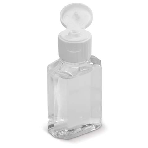 Petit flacon de 30 mL avec gel nettoyant pour les mains avec 62% d'alcool. Le flacon se glisse facilement dans les sacs, sacs à dos, valises ou dans votre poche. Cadeau promotionnel sympa pouvant être utilisé par tous. Possibilité de marquage en digital (quadri) ou en tampographie (4 couleurs pantones). Avec le marquage digital, le prix reste le même peu importe le nombre de couleurs de marquage. Usine auditée Smeta-2 Pillar. Tous nos produits sont testés et certifiés, et répondent  aux normes sociales. 