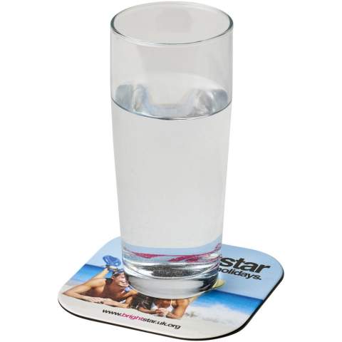The Brite-Mat® square coaster protects tables from stains and circles from glasses or mugs at all times. The coaster is suitable for high quality photo-realistic print. And with its low-profile non-slip base, it won't just slide away. The Brite-Mat® square coaster is made from 100% in-house recycled plastic and laminated paper, making it a sustainable choice.