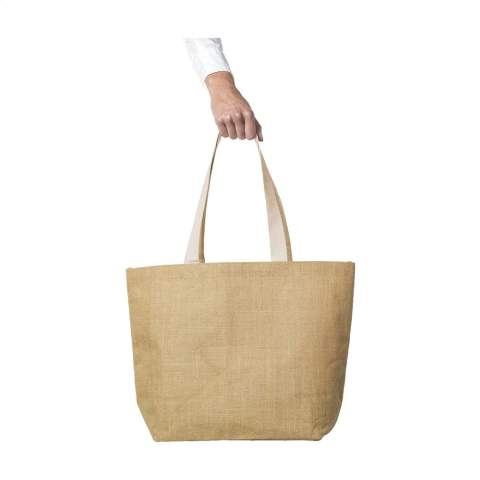 WoW! Distinctive jute bag with laminated interior and long, woven cotton handles. Rugged and wear-resistant. Suitable as shopping bag, shopper and ideal for daytrips. OEKO-TEX® certified. Capacity 25 liters.       For information: due to the coarseness of the fabric, the ability to imprint small details of a logo, thin lines and small letters is limited. We may therefore, after receiving your logo, advise you to adjust or enlarge the logo.