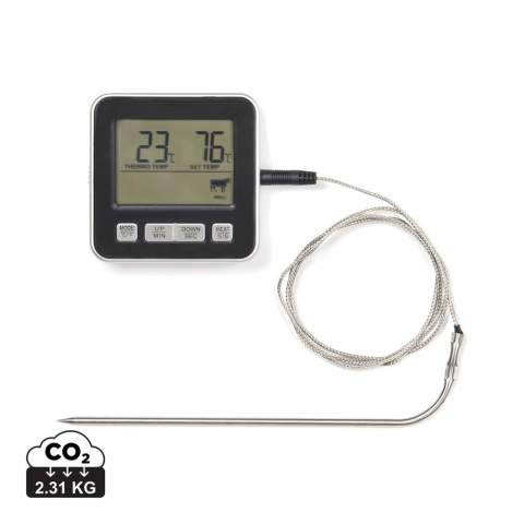 Serve the perfect meal with this handy cooking thermometer. Whether you're roasting succulent roast beef or baking a special cake, this feature-packed thermometer will prove invaluable in the kitchen, whether you are oven cooking, grilling or baking. Timer function and alarm function help you stay in control. The thermometer also displays Celcius and Farenheit so you can adjust it to suit your needs. No kitchen is complete without one.