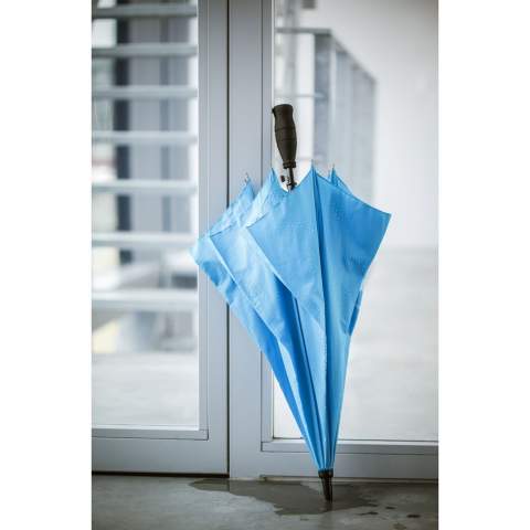 Umbrella supplied with RPET 190T pongee polyester cover. This umbrella has a metal shaft and a fiberglass frame, soft foam handle and velcro closure. This sustainable umbrella is partly made from recycled PET bottles and makes a positive contribution to the environment.
