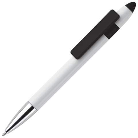Styluskugelschreiber California mit metallisierter Spitze, Der Schaft ist weiß, der Clip und Stylus sind in verschiedenen modernen Farben. Robuster Kugelschreiber mit Drehmechanik. Clip mit breiter Druckfläche.