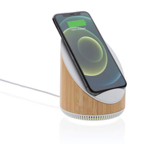 Stylish bamboo and ABS speaker with integrated 15W fast wireless charger. The wireless charger has two integrated coils to support both vertical and horizontal charging. Incorporating 5W wireless speaker with clear sound. The 2200 mah battery allows a play time of up to 10 hours. The wireless charging function is recommended to use when the item is connected to a power source. Operating distance up to 10 metres. Including 120 cm TPE PVC free micro USB charging cable. Required input 9V/2A.<br /><br />HasBluetooth: True<br />WirelessCharging: true<br />NumberOfSpeakers: 1<br />SpeakerOutputW: 5.00<br />PVC free: true