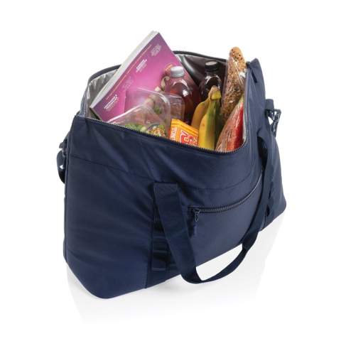 "The Sonny Aware™ RPET XL Cooler Tote is designed for those who need ample space and efficient cooling on the go. Made from 100% RPET material with a durable PEVA lining, this cooler tote is both functional and stylish. It features two sturdy webbing handles and an adjustable 140cm shoulder strap for comfortable carrying. The front webbing loops allow you to attach small items, while the front zipper pocket and back mesh drink holder provide easy access to your essentials. The spacious main compartment is lined with silver-grey PEVA, perfect for keeping your food and drinks cool and fresh. The bag is completed with color-coordinated pockets, zippers, and pullers for a sleek look. Made with recycled polyester embedded with the AWARE™ tracer. 2% of proceeds of each product sold with AWARE™ will be donated to Water.org. PVC free"<br /><br />PVC free: true
