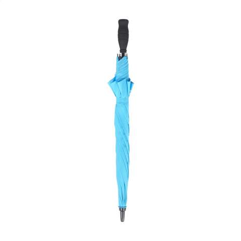 Paraplu met een RPET 190T pongee polyester bespanning. Deze paraplu heeft een metalen steel en een glasvezel frame. Met soft foam handgreep en klittenbandsluiting. Deze duurzame paraplu is deels gemaakt van gerecylede PET-flessen en levert een positieve bijdrage aan het milieu.