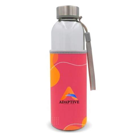 Glass water bottle with sleeve. Drinks stay cool for longer with its custom-made sleeve. Strap attached to the cap makes it easy to carry around. Suitable for cold, carbonated and non-carbonated drinks. The sleeve can be printed with a full-colour all-over imprint. Comes packaged in a gift box.