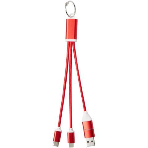 4-in-1 keychain charging cable made of recycled aluminium with a max. output of 10W. Thanks to the USB-A and Type-C input connectors combined with the Type-C and Lightning/Micro USB combi output connectors (supports Apple iOS and Android devices) you can charge most smartphones, cameras, power banks, and earbuds.