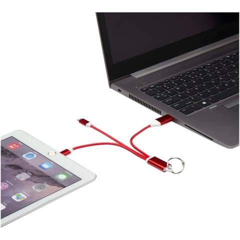 4-in-1 keychain charging cable made of recycled aluminium with a max. output of 10W. Thanks to the USB-A and Type-C input connectors combined with the Type-C and Lightning/Micro USB combi output connectors (supports Apple iOS and Android devices) you can charge most smartphones, cameras, power banks, and earbuds.