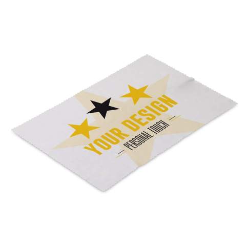 250g/m² microfiber cleaning cloth (20x30cm) for screens or glasses. Including a full-colour and all-over imprint. A print on the backside of the cleaning cloth is also possible. Each packed in a polybag. Can optionally add a PVC pouch.