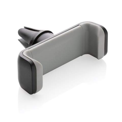 Universal and 360 degree rotatable car mount made with RCS (Recycled Claim Standard) certified recycled ABS. Total recycled content: 37% based on total item weight. RCS certification ensures a completely certified supply chain of the recycled materials. Simply click the item on your air vent and place your mobile phone (up to 6”) in the holder. Made out of heat resistant recycled ABS and strong silicone to make the item long lasting and prevent it from falling off your air vent while driving. With stainless steel mechanism inside to ensure your phone stays in place