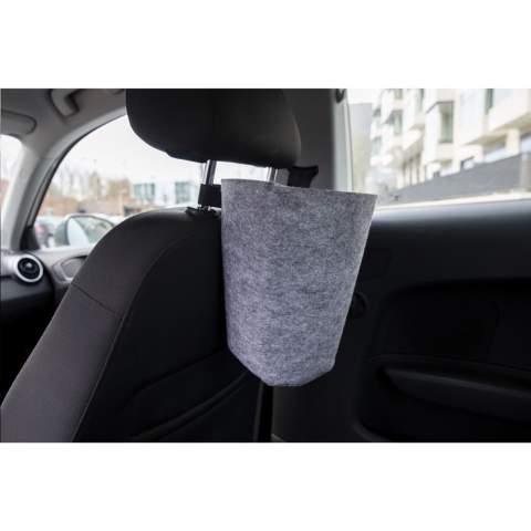 WoW! Waste bin made from RPET felt (recycled PET bottles and recycled textiles). Designed for use in the car. A handy clip allows you to easily attach this durable waste bin to a car seat, helping to keep the car clean and tidy.