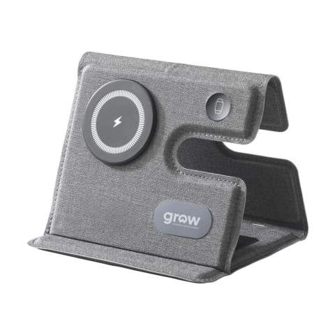 Chargeur magnétique sans fil 3-en-1 de 15W en ABS recyclé et PU recyclé avec un motif gris mélangé. Cette station de charge prend en charge la charge sans fil rapide : 15W pour un téléphone portable 2,5W pour votre iWatch et 3W pour les écouteurs TWS. Entrée : 1 x USB-C 9V/3A. Le chargeur rapide magnétique intégré est compatible avec tous les appareils prenant en charge la charge sans fil Qi. Placez cette station d'accueil sur votre bureau et votre espace de travail reste ordonné et vos appareils chargés. Pliable et facile à transporter. Comprend un câble de charge USB-C/USB-C et un mode d'emploi. Certifié RCS. Matière recyclée totale : 59%. Par pièce dans une boîte.