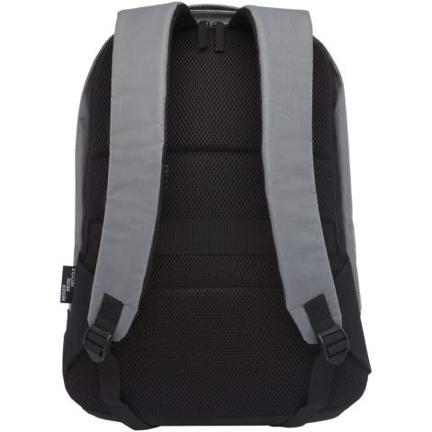 GRS certified backback featuring an open main compartment with organization panel, padded 15" laptop sleeve, and 2 RFID protection pockets. USB port on the right side to easily connect and charge devices from the interior. Comes with padded shoulder straps, right shoulder strap, hidden zipper pocket, grab handle, and a trolley pass-through. Approximately 15 plastic bottles are recycled to make this bag.