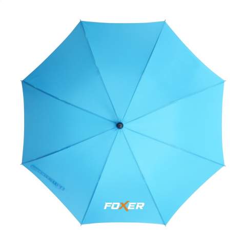 Umbrella supplied with RPET 190T pongee polyester cover. This umbrella has a metal shaft and a fiberglass frame, soft foam handle and velcro closure. This sustainable umbrella is partly made from recycled PET bottles and makes a positive contribution to the environment.