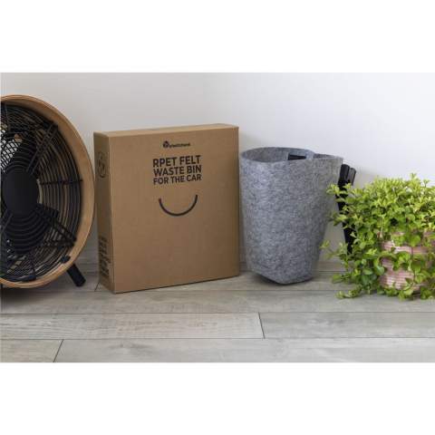 WoW! Waste bin made from RPET felt (recycled PET bottles and recycled textiles). Designed for use in the car. A handy clip allows you to easily attach this durable waste bin to a car seat, helping to keep the car clean and tidy.