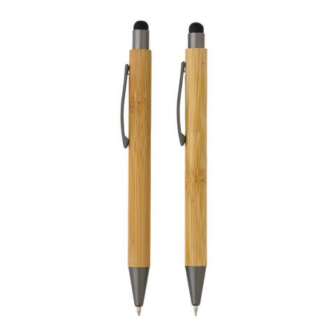 This modern looking pen set with ballpen and pencil is made with FSC®certified bamboo. The pen features a 800m writing refill with blue German ink and the pencil a 0.7mm lead. Packed in FSC®certified giftbox.