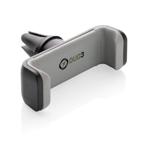 Universal and 360 degree rotatable car mount made with RCS (Recycled Claim Standard) certified recycled ABS. Total recycled content: 37% based on total item weight. RCS certification ensures a completely certified supply chain of the recycled materials. Simply click the item on your air vent and place your mobile phone (up to 6”) in the holder. Made out of heat resistant recycled ABS and strong silicone to make the item long lasting and prevent it from falling off your air vent while driving. With stainless steel mechanism inside to ensure your phone stays in place