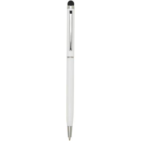 Deze veelzijdige combinatie van balpen en stylus is gemaakt van duurzaam aluminium. De pen schrijft soepel en de ingebouwde stylus is perfect voor precieze navigatie op touchscreens. Inktkleur: Blauw. Schrijflengte: 1000 meter. Stiftmaat: 1,0 mm.