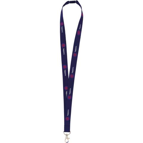 Lanyard made from strong woven polyester. Supplied with a metal carabiner and plastic safety lock. Including full-colour sublimation print. Made in Europe.