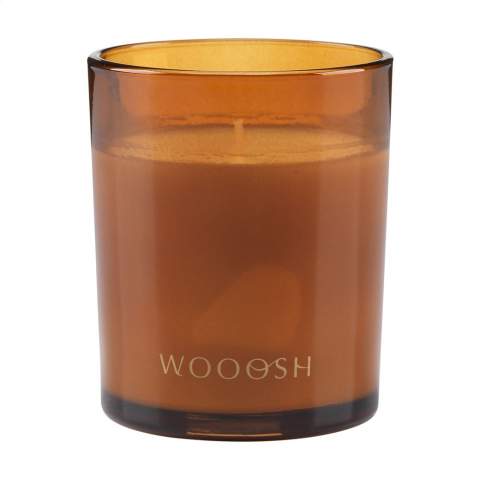 Decorative Wooosh Musk Peach scented candle poured into a beautifully polished glass jar with a bamboo lid. This candle spreads a unique scent that brings you Arabian notes. The scented candle is made from eco-friendly soy wax with 5% aromatic fragrance oil. As soon as the wick is lit and the wax melts, you can smell the powerful scent of pure musk mixed with the fresh sweet scent of peach.  A pleasant harmony of warm balance and sweet softness. This intense scent fits in a romantic and intimate setting. With 12 burning hours, this luxurious scented candle fits into any room of your home.  When you light the candle for the first time, let the top layer of wax melt completely. This ensures an even burn and the best possible fragrance experience. The perfect gift for any occasion. Each item is supplied in a luxurious Wooosh gift box.