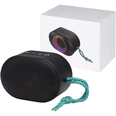 Powerful 7W IPX6 certified wireless speaker that is perfect for outdoor activities like a picnic, BBQ, beach or pool party. The built-in 1500mAh battery ensures up to 4.5 hours of playback time at max volume with RGB mood light ON. Bluetooth® 5.0 with a range up to 10 meters. Built-in microphone, pick-up function, and voice assistant for hands-free control. The speaker has an AUX jack and TF card slot (card not included). Delivered in a premium gift box.