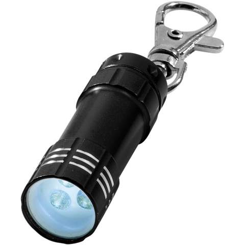 Porte-clés lampe avec 3 LED blanches. Attache mousqueton métal. Piles fournies.