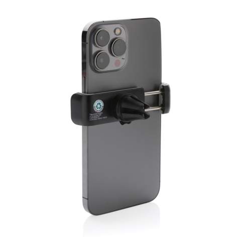 Universal and 360 degree rotatable car mount made with RCS (Recycled Claim Standard) certified recycled ABS. Total recycled content: 37% based on total item weight. RCS certification ensures a completely certified supply chain of the recycled materials. Simply click the item on your air vent and place your mobile phone (up to 6”) in the holder. Made out of heat resistant recycled ABS and strong silicone to make the item long lasting and prevent it from falling off your air vent while driving. With stainless steel mechanism inside to ensure your phone stays in place