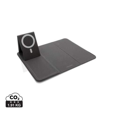 Flat and foldable 10W wireless charger mousepad. The PU material charger can be used both flat and as a stand. The whole mousepad can be folded so is easy to bring anywhere you go. The 10W wireless charger is compatible with all QI devices (Iphone 8 and up and Android devices) Type-C input 9V/2A; Wireless Output 9V/1.1A; Type-C output 9V/2A; Including PVC free TPE charging cable. 19 pcs high quality N52H heat resistant magnets integrated. Registered design. Including 120 cm PVC free TPE material type C cable. Registered design<br /><br />WirelessCharging: true
