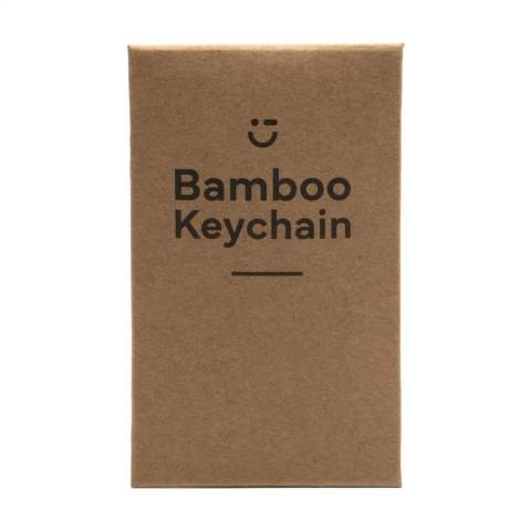 A rectangular, polished, metal keyring with bamboo wooden inlay and a sturdy keyring. Each item is supplied in an individual brown cardboard envelope.