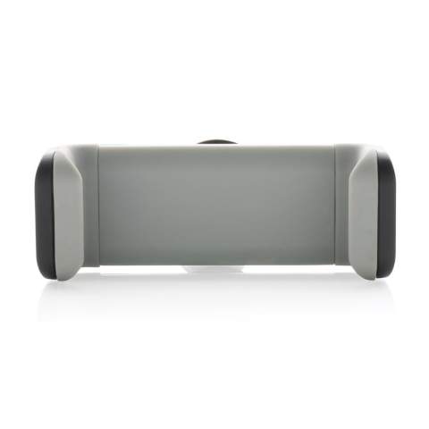 Universal and 360 degree rotatable car mount made with RCS (Recycled Claim Standard) certified recycled ABS. Total recycled content: 37% based on total item weight. RCS certification ensures a completely certified supply chain of the recycled materials. Simply click the item on your air vent and place your mobile phone (up to 6”) in the holder. Made out of heat resistant recycled ABS and strong silicone to make the item long lasting and prevent it from falling off your air vent while driving. With stainless steel mechanism inside to ensure your phone stays in place
