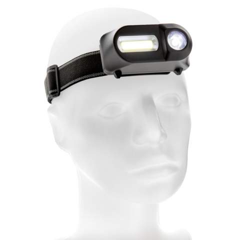 Dual-Stirnlampe mit COB und LED Leuchte. Mit der 180 Lumen COB Leuchte lassen Sie nahes Umfeld extrem hell erscheinen und durch den Wechsel zum 90 Lumen LED Licht beleuchten Sie ein weiteres Feld ( bis zu 80m). Beide Leuchten haben 3 Lichtmodi: hell, gedimmt und blinkend. Mit verstellbarem 42cm Kopfband um die Leuchte direkt am Kopf oder auch am Helm zu tragen. Aus ABS, inklusive Batterien für den direkten Gebrauch.<br /><br />Lightsource: COB LED<br />LightsourceQty: 2