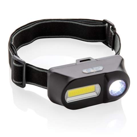 Dual head torch with both COB and LED torch. The 180 lumen COB light is perfect to illuminate areas nearby with a bright light. Switch to the 90 lumen LED light to highlight areas that are more distant (up to 80 metres). Both lights have three modes: bright, dim and flashing.  With adjustable elastic 42 cm headband to wear the item on your head or helmet.  Made from ABS. Working time 3 hours. Including batteries for direct use.<br /><br />Lightsource: COB LED<br />LightsourceQty: 2